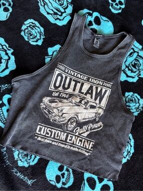 Forever 21 Black Graphic Ribbed Crop Tank - Outlaw Custom Engine